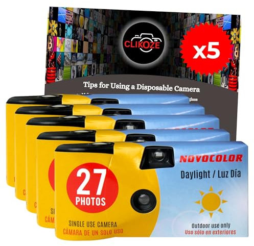 Disposable Camera Bundle with Novocolor Daylight Single Use Camera 27 Exposures and Clikoze Photography Tips Card (5 cameras)