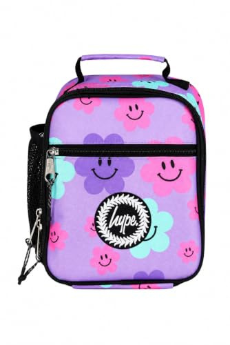 hype Unisex Lunch Box, Purple Happy Flowers | Insulated school food carrier with 3 compartments, thermal lining, mesh bottle pocket, grab handle and wipe-clean finish