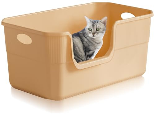 Lighterday High Sided Cat Litter Tray,50×35×22cm Open Top Cat Litter Box,Extra Large LitterTrays Splashproof Plastic LitterTray for Cats Kitten Rabbit (Beige 50×35×22CM)