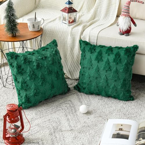 Artoid Mode Künstliche Pelz Grün Kiefern Xmas Bäume Weihnachten Kissenbezüge 2er Set, 40x40 cm Winter Plüsch Samt Zierkissenbezug Schlafzimmer Deko