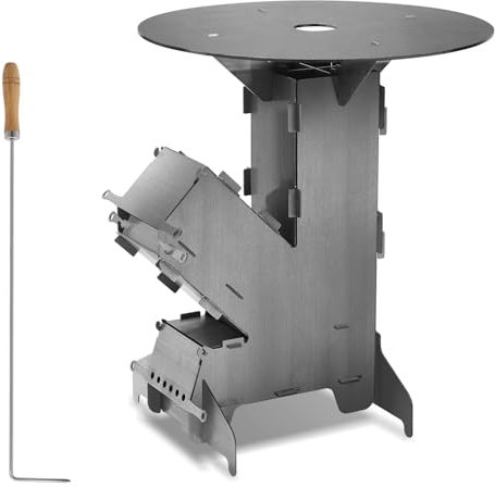 Ollewiellan Raketenofen mit Grillplatte und Feuerhaken, Rocket Stove Outdoor, Stecksystem, Holzofen Campingofen Pelletofen, 3 mm dickem Stahl