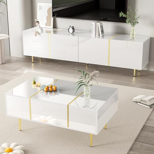 ModernLuxe High Gloss TV Stand Cabinet and Coffee Table Set, Stylish Side Table with 2 Drawers and TV Stand Unit with 4 Doors, Multiple Storage Spaces, White Finish Combined with Elegant Gold Accents