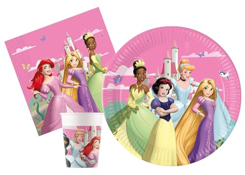 Kit Party Tavola Disney Princess Create Your World per 24 persone (88 pezzi: 24 piatti Ø23cm, 24 bicchieri 200ml, 40 tovaglioli 33x33cm) in carta FSC compostabile eco-friendly