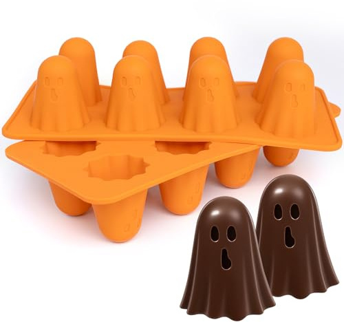TAIANJI 2 Pcs Ghost Moulds Silicone, Halloween Chocolate Ghost Jelly Mould Ice Cube Shaped Baking for Interest Candy, Candles, Soap (8 Cavities)