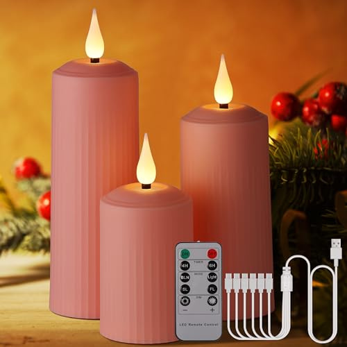Poraschine Wiederaufladbare LED Kerzen mit 10-Tasten Fernbedienung, Outdoor Wasserdichte Flammenlose Kerzen mit 6/8H Timer, Römische Stumpenkerze im 3/6er Set Elfenbein, Type-C (rosa-3er)