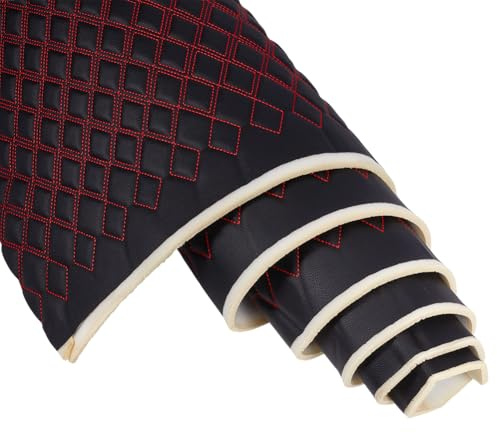MAYJOYDIY Schwarzes Gesticktes Schaumstoff Fabric Kunstleder Fabric 2×1.5cm Leder Stoffe mit Roten Stichen für Auto Automobil Innenausstattung Möbel Polsterung, Classic Rhombus