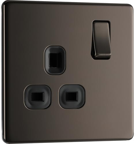 BG Electrical Single Switched Power Plug Wall Socket, Screwless Front Plate, Slim Profile, Premium Flatplate, Black Nickel, 13A, FBN21B