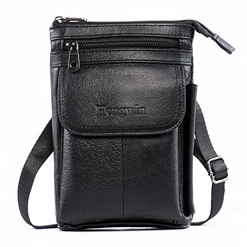 Hengwin Leder Gürteltasche Schultertasche Herren Outdoor und Reisen Handy Holster Tasche Mit Gürtelschlaufe Gürtelclip und verstellbarem (Schwarz)
