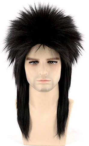 Topcosplay Herren Vokuhila Perücke, Schwarz 70er 80er Jahre Proll Perücke Party Halloween Costume Rockerperücke