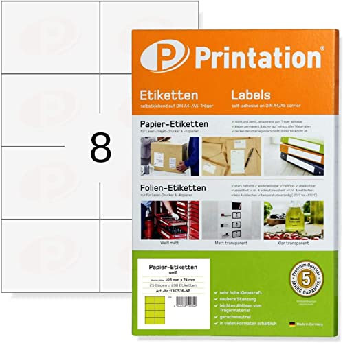 Printation 105 x 74 mm Universal Etiketten selbstklebend bedruckbar weiß - 25 DIN A4 Bogen zu 2x4 / 8 pro Blatt - 200 Adressetiketten selbstklebend 105x74 - Adress-Aufkleber Internetmarke rechteckig
