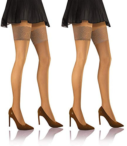 Sesto Senso 2 pares Medias Rejilla Autoadhesivas Encaje Lencería Sexy Mujer 3/4 M-L Antylope Beige Carne