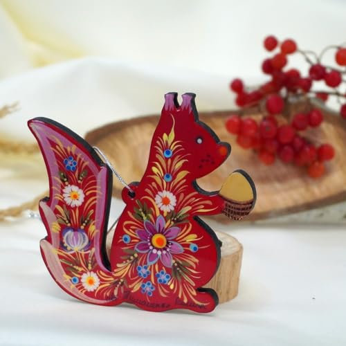 Eichhörnchen - Weihnachtsschmuck - Tiere aus Holz von Hand Bemalt in der Ukraine 9.5 х 8.5 х 0.5 cm Bunter Kinder-Baumschmuck