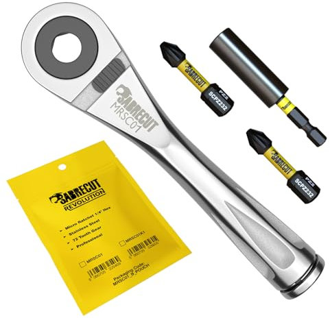 SabreCut 4pc MRSC01K1 Mini Micro Ratchet 1/4 Hex Acero Inoxidable Profesional 72 Dientes Llave de Trinquete de Mano con Destornillador PH2 PZ2 de 32 mm y un Soporte Magnético de Puntas de Impacto