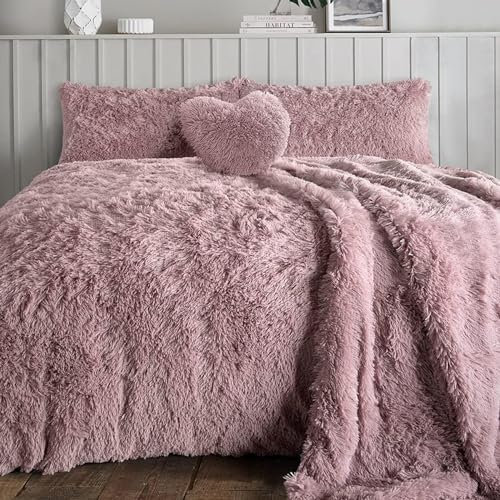 Rohi Luxury Faux Fur Duvet Cover Set Single – Soft Cuddly Long Pile Teddy Fleece Duvet Set with Pillowcases – Thermal Warm, Breathable & Hypoallergenic Faux Fur Bedding Cover Set – Blush, Single
