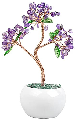 KYEYGWO Amethyst Reiki Heilung Kristallbaum auf Trommelsteine Keramikvase Base, Edelstein Geldbaum Feng Shui Bonsai Baum Handmade Stein Ornament für Glück Reichtum Haus Deko
