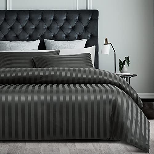 Sedefen Housse de Couette 220x240cm Satin Gris Foncé + 2 Taies d'oreiller 65x65cm avec Fermeture Éclair Soyeux Parure de Lit Soie Satin Rayé Adulte Ado 2 Personnes Luxe literie