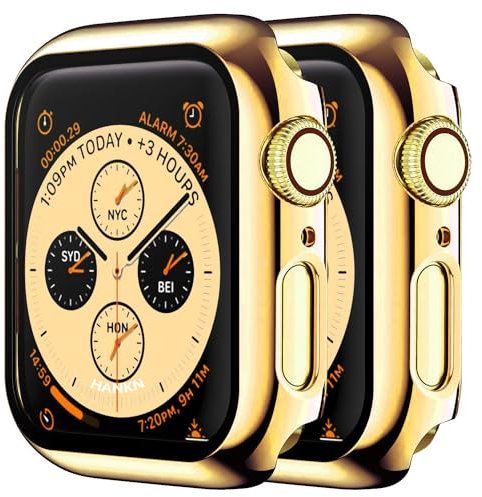 HANKN (2 Stück 45mm Hülle für Apple Watch Series 9 8 7 45mm Hartglas Schutzhülle, Plattiert Hart Bildschirmschutz Gehäuse iWatch Eingebaut Displayschutzfolie - Gold+Gold, 45 mm