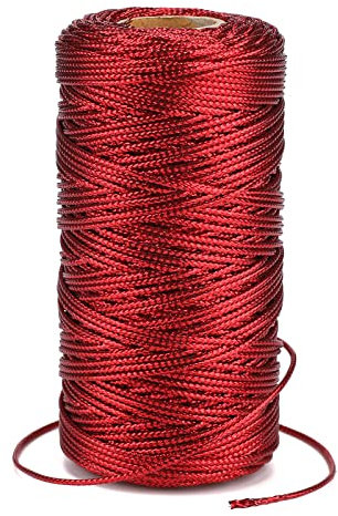 G2PLUS 100M Red Thread String Twine, 1.5mm Polyester String Cord, Non Stretch Thread Cord, Braided Metallic Cord for Crafts, Hanging Christmas Ornaments & Cards