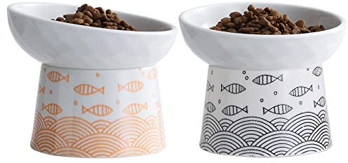 TAMAYKIM Tilted Ceramic Elevated Cat Bowls, Raised Food and Water Bowl Set for Kitty Cats and Small Dogs, Porcelain Elevated Stress Free Feeding Pet Bowl Dish, Black & Orange, Set of 2