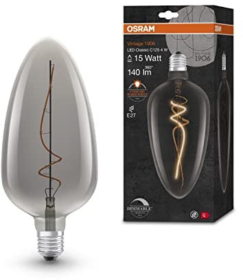 OSRAM Lamps Vintage 1906 LED-Lampe Smoke-Tönung,4W,140lm,leicht eiförmiges Design 125mm Durchmesser&E27-Sockel,warmweiße Lichtfarbe,dimmbares Filament,bis zu 15.000 Stunden Lebensdauer,4058075761032