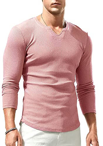 Lehmanlin Langarmshirt Sport T-Shirts für Herren, V-Ausschnitt Stretch, Muskulöse Passform, Lässige Unterwäsche, Thermo Shirt Herren Langarm Leichtgewicht Rosa L