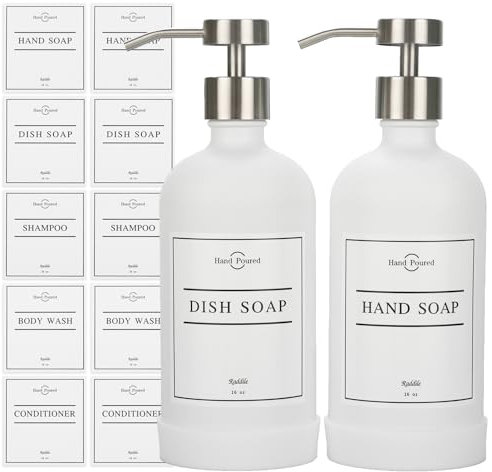 Raddile Seifenspender Weiß, 500ml Seifenspender Glas Spülmittelspender mit Edelstahl-Pumpspender und 10 Wasserfesten Etiketten, Rutschfester Silikon-Schutzunterlage, Seifenspender Küche & Bad