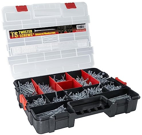 TwisterScrews Multipurpose Woodscrew MultiBox - 1280pcs 12 sizes Self Coutersinking Head Self Drilling Thread in Sturdy latchable Organiser plastic box + 5 X POZI bits - DIY-Screws Assortment Kit