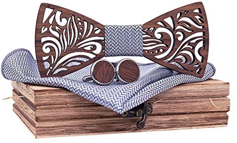 De Poil manuel en bois pour noeud papillon Bowtie Wood Hollow sculpté et boîte En Coton (Grey, One Size)