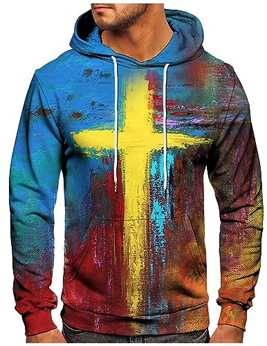 Pullover Für Herren Sweatshirt Herren Mit Kapuze Herren Pullover Ohne Kapuze Strickpullover Herren S-6Xl Tie Dye Cross Druck Kordelzug Kapuzenpullover Mit Taschen Oversized Hoodie (Gelb, 4Xl)
