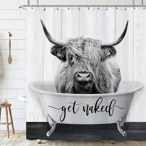 Laifzere Farmhouse Highland Cow Get Naked Duschvorhang Western Rustikales Rind in Badewanne Duschvorhang für Badezimmer Set Lustiges Tier Holz Land Duschvorhang für Badewannendekoration 152,4 x 183,9