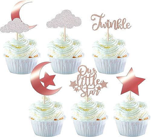 24 Stück Little Star Tortendeko Glitzer Mond Wolke Cupcake Toppers Twinkle Stern Baby Dusche Kuchen Deko Kinder Geburtstag Hochzeit Party Torte Dekorationen Rosegold