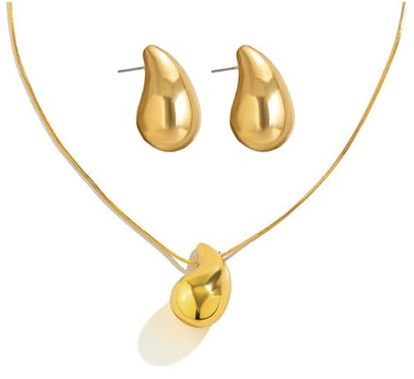FDEETY Elegante Tropfenform Schmuckset Für Damen Hochwertiges Goldfarbenes Halskette Und Ohrringe Set Zeitloses Design Für Jeden Anlass Schmucksets Frauen