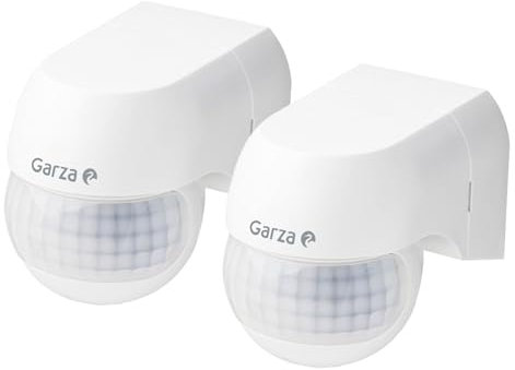 Garza -Pack 2 Mini Detector de movimimiento por Infrarrojos para Interior y Exterior, protección IP44, Tiempo y luminosidad Regulables, ángulo detección 180º, Blanco