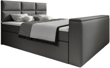 Boxspringbett Carre 180x200 Doppelbett Polsterbett Bett mit TV Lift, USB-Anschluss | Bezug: Kunstleder | Farbe: Grau | Härtegrad: H3 (70-100kg)