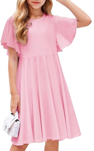Arshiner Dresses for Girls Butterfly Sleeves Summer Dress Cotton Children's Formal Dresses Plain Color Skater Dress Pink 140 Age 9-10