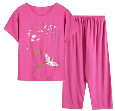 SYDUZAX Ensembles 2 Pièces en Coton et Lin pour Femmes Pyjama Vêtements de Nuit Été Ensemble Femme Grande Taille Haut et Pantalon Décontracté Chic Imprimé Floral Manches Courtes Détente Léger Casual