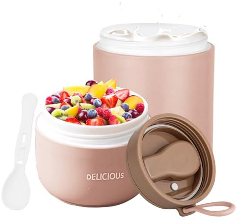 Chedin Müslibecher To Go mit Deckel, PP-Material Porridge Becher 730ml Auslaufsicher joghurtbecher to go mit löffel und Deckel,Doppelschicht Auslaufsicherer Einmachgläser perfekt für Arbeit (Rosa)