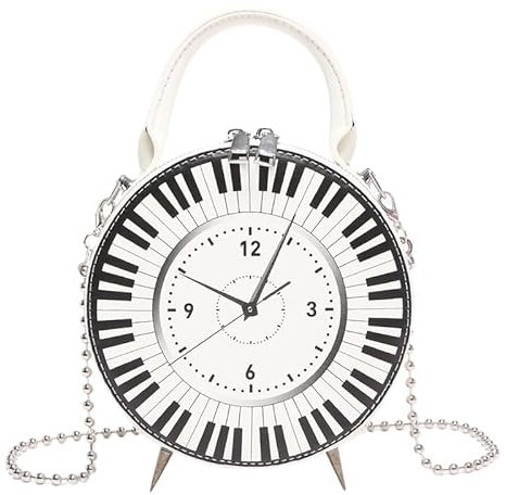 Fiorky Uhrentasche, echte Arbeit, Steampunk-Stil, Damen, PU, Schwarz, Weiß, Klavieruhr, Schultertasche, Kettenriemen, Uhrenform, Umhängetasche, großes Fassungsvermögen, Tasche mit