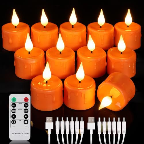 ZIYOUDOLI Lot de 12 bougies chauffe-plat LED rechargeables - Orange - Avec télécommande - Minuterie - Blanc chaud - Intensité variable - Pour Halloween, Noël - Décoration d'intérieur