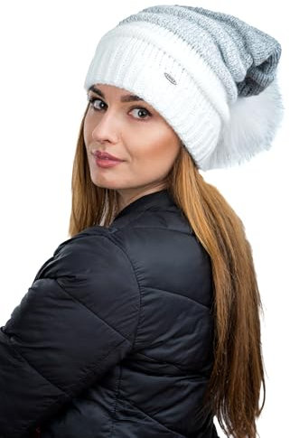 Birendy Beanie K Mütze, Pudelmütze, Strickmütze, dick und weich Wintermütze mit großer Fellbommel aus Fellimitat (Weiss-Hellgrau Verlauf 124)