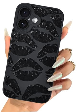 Reownest Compatible with iPhone 16 Case Cute Lip Print Pattern Aesthetic Soft TPU Shockproof Protective Phone Cover for Girls Women -Black