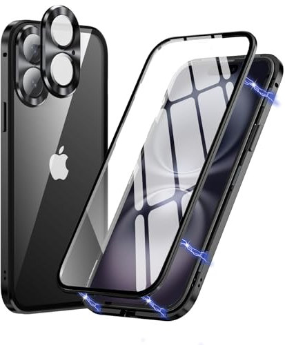 MIMGOAL Hülle für iPhone 16 Hülle,Magnetische Adsorption Metallrahmen 360 Grad Full Body Handyhülle Vorne hinten Gehärtetes Glas Schutzhülle Einteiliges Ultra Dünn Flip Transparente Cover, Schwarz