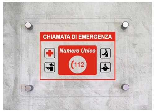 Global Targa Cartello in plexiglass - CHIAMATE DI EMERGENZA - NUMERO UNICO 112 - Con Distanziali in acciaio inox, Stampa UV (15x21 cm)