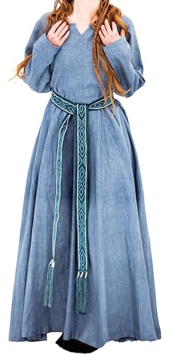 Leonardo Carbone® Damen Kleid Wikinger Anna | Fließende Silhouette | Mittelalterliches Design | Karneval, Halloween, Cosplay, LARP, Kostüm, Gewand, Festkleid | 100% Leinen Taubenblau S