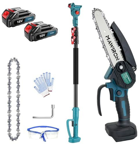 6“ Pole Chainsaw, 2-in-1 High Branch Saw, Electric Extension Pole Saw Up to 2.5M for Tree Trimming Branches Wood Cutting(2 x 3000mAh Battery and Charger)