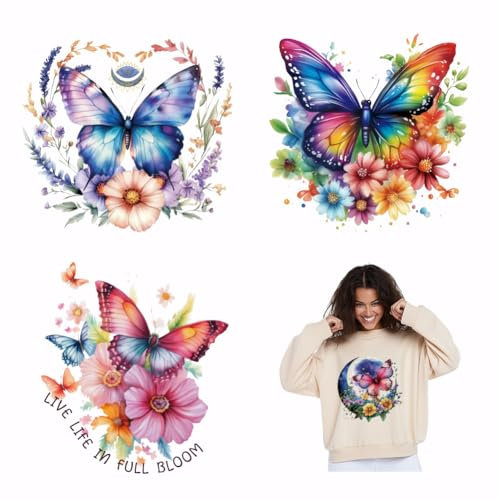 SUPERDANT 4 Stück Wärmeübertragungsaufkleber Mit Schmetterlingen Und Blumen Schmetterlings Aufbügler Aufbügler Wärmeübertragungspapier Für Mädchenkleidung T Shirts Jeans Rucksäcke