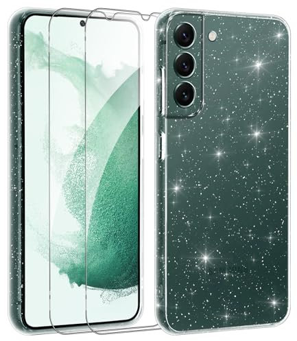 Votvloay Funda para Samsung Galaxy S22 5G 6.1con 2 Piezas Cristal Templado,Glitter Niñas y Mujeres Brillante Carcasa,Suave TPU Antigolpes Protección Cover Bumper Case para SamsungS22 5G, Transparente