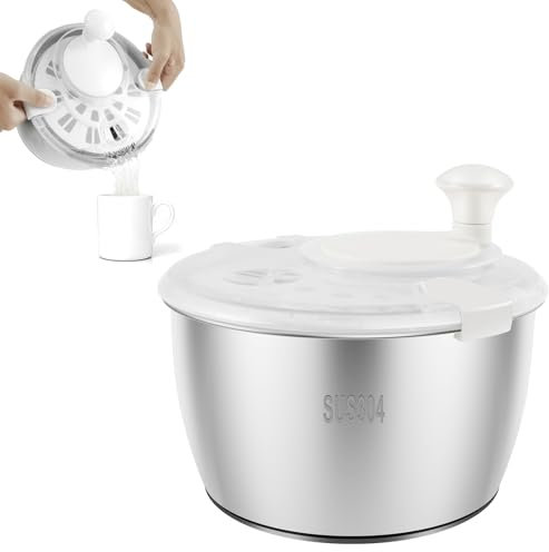 VAVPUP Salatschleuder 304 Edelstahl,5 L Gemüsetrockner mit Deckel Abflussloch,Einfach Schleudern Wasserauslassdesign,rutschfeste Salatschleuder zum Trocknen von Gemüse,Spülmaschinengeeignet