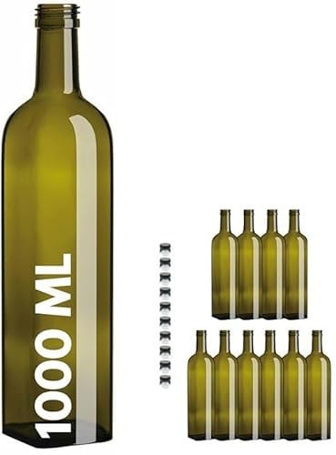 Bottiglia per Olio Verde in Vetro, 1000 ml, Set di 10 Bottiglie con 10 Tappi, Riutilizzabile