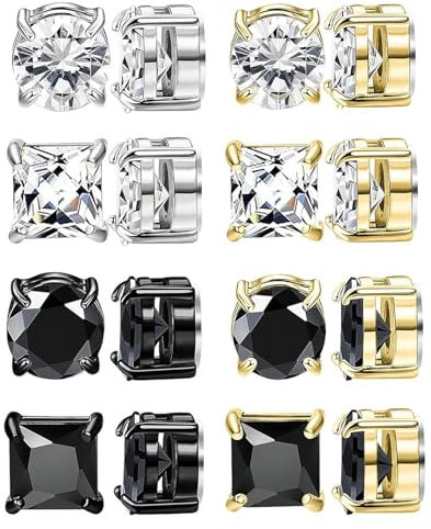 8 Paare Magnetische Ohrstecker, Edelstahl Magnet Ohrringe in Silber Schwarz mit Cubic Zirkonia für Männer, Frauen und Junge - Nicht Piercing Clip